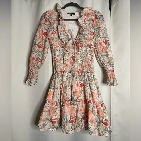 FORE Floral Ruffle White Orange Smocked Long Sleeve Dress Medium