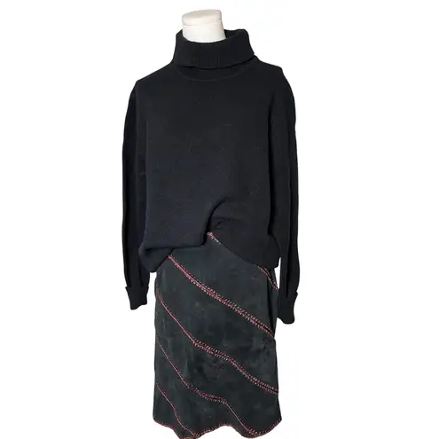 Karen Kane Vintage 100% Leather Suede Skirt Sz 12 Black Embroidered Boho Y2K