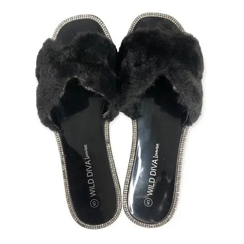 Wild Diva  Lounge Black Faux Fur Rhinestone Slides