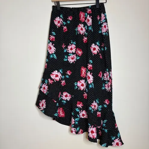 Bobeau Black Floral Polka Dot Ruffle Hem Midi Skirt Small