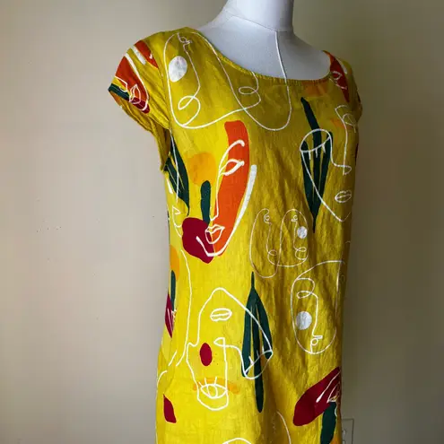 Super Belle Made in Italy Yellow Linen Abstract Faces Print Dress Size Medium