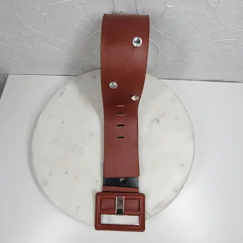 Vintage Yves Saint Laurent Wide Belt S Brown Leather Buckle Rhinestone Rivets