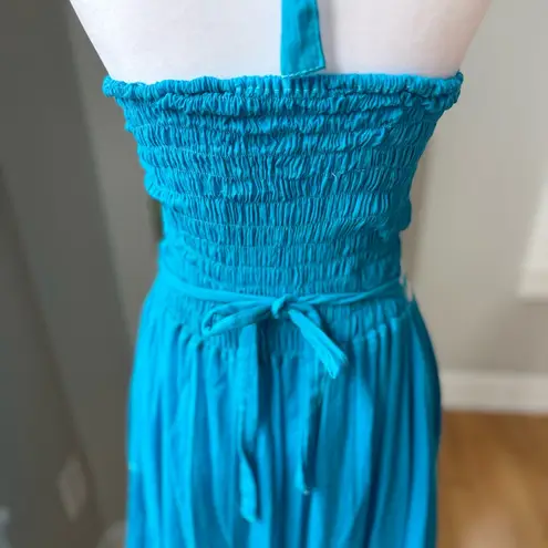 Vintage 70’s Handmade Turquoise Embroidered Halter Handkerchief Hem Dress Small Blue