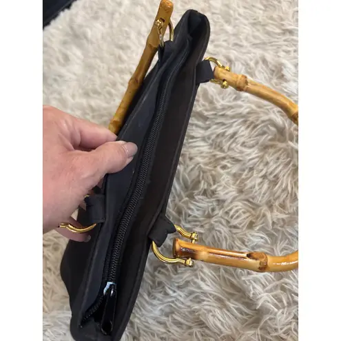 kim rogers Black Christmas Santa Reindeer Bamboo Handle Tote Bag