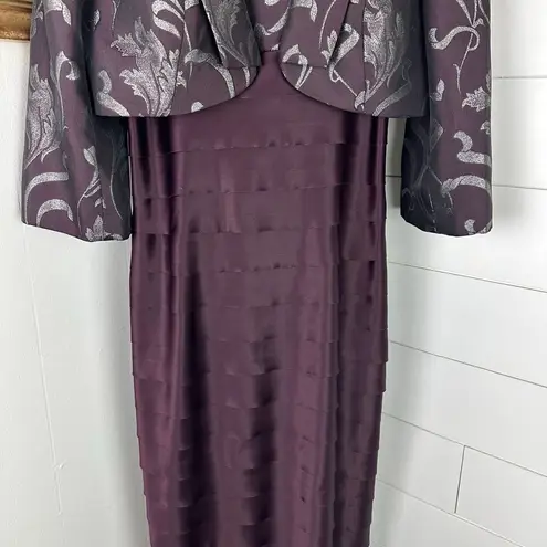 Alex Evenings Column Sheath Metallic Tiered Gown Bolero Jacket Plum Size 6