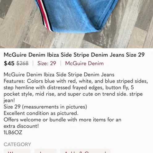 McGuire Denim McGuire Ibiza side stripe crop denim jeans size 30