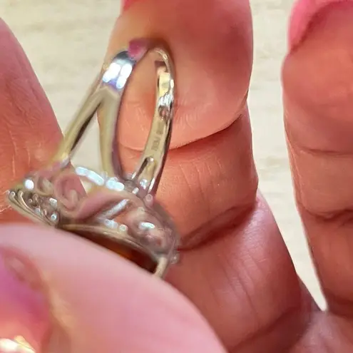 Natural Baltic Honey Amber pear shaped silver ring, size 8