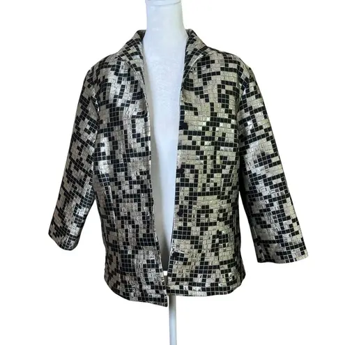 CONNIE ROBERSON Silk Silver Metallic Topper Jacket Blazer Open Jacquard Sz Large Black