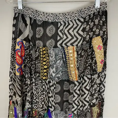 Broomstick Skirt Patchwork Midi Drawstring Elastic Waistband Hippie Boho Black Black Size undefined