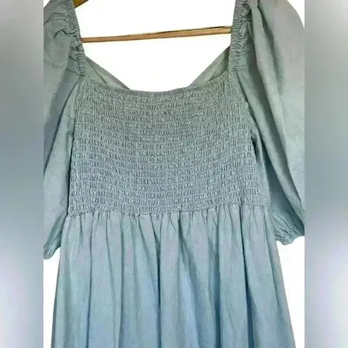 Eloquii Elements Chambray Tie Neck Puff Sleeve Dress Light Wash Denim Size 18