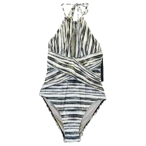 La Blanca NWT High Neck Tummy Control One Piece Swimsuit Burch Gray Ivory Size 6