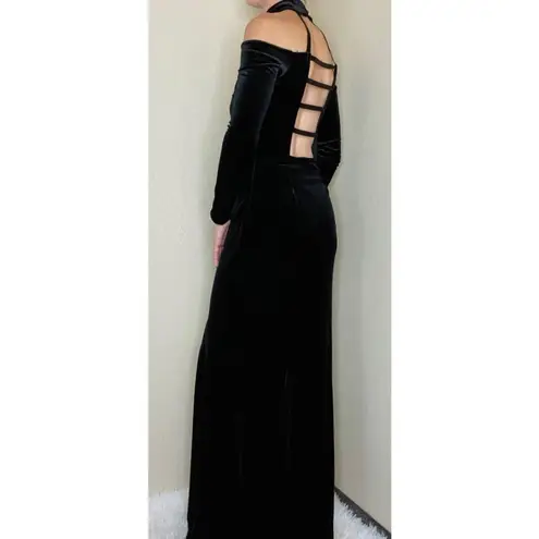 Jessica McClintock Black Velvet Long Sleeve Cut-Out Open Back Holiday Maxi Dress