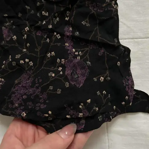 Vintage Carole Little Black and purple floral peasant top with ruffle neckline Size 10