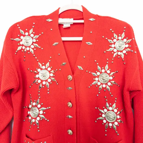 VTG Liebe Womens Cardigan Sweater One Size Red Beaded Holiday Retro
