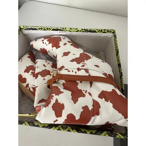 Cape Robbin Brown & White Cow Print Faux Leather High Heel Boots Chains Size 7