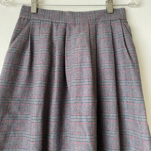 VTGn Glenora Plaid ALine Midi Skirt sz M Wool Pleated Pockets Retro Preppy Gray