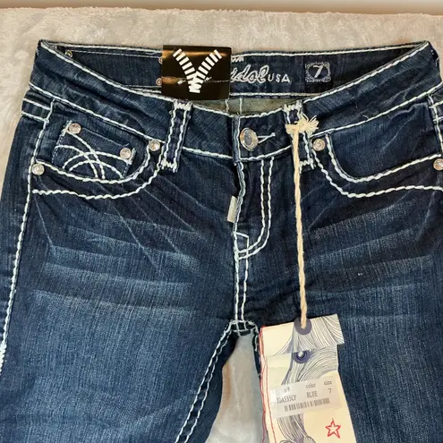 NWT LA Idol USA Embellished Cropped Jeans Dark Wash White Stitch Detail Size 7 Blue