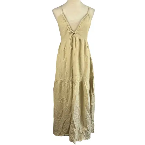 Sim & Sam Tan Linen Blend Tiered Maxi Sundress Tie Front Spaghetti Straps Small