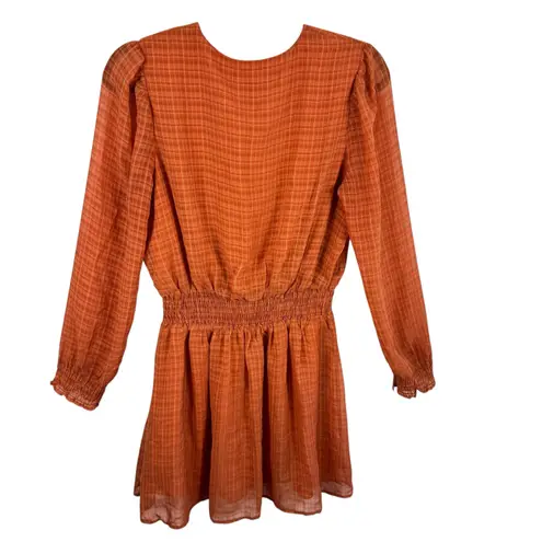 NSR Orange Plaid Long Sleeve Smocked Waist Lined Lightweight Mini Dress Size M Size M