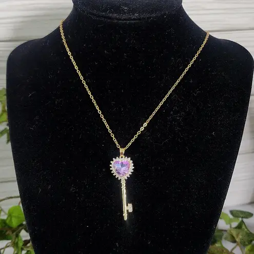 Gold Chain Necklace with AB CZ Purple Heart Key Pendant