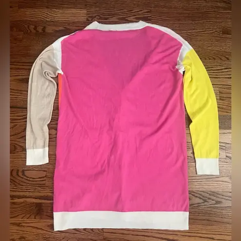 Vilagallo Color Block Long Cashmere Blend Cardigan (Yellow, Pink, Orange) Large Pink