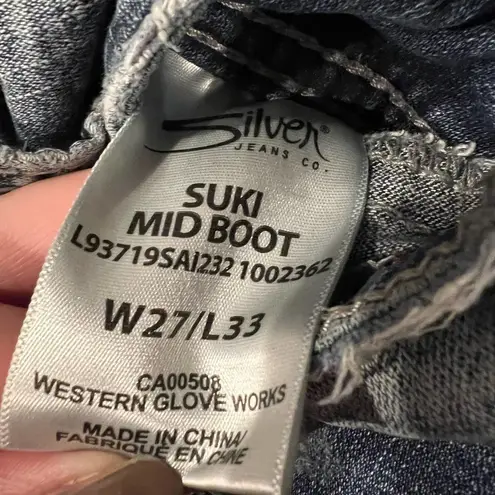 Silver Jeans SILVER SUKI MID BOOT Distressed destroyed zipper button blue Jeans Size 27 x 33