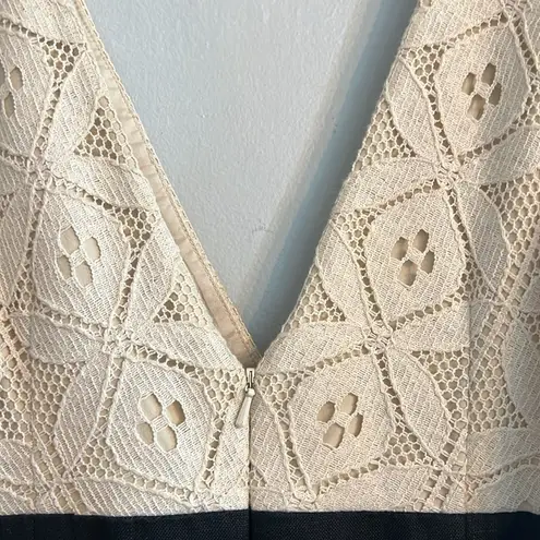 Kay Unger Embroidered Lace Linen Blend Dress Black Cream Belted Cocktail Size 2