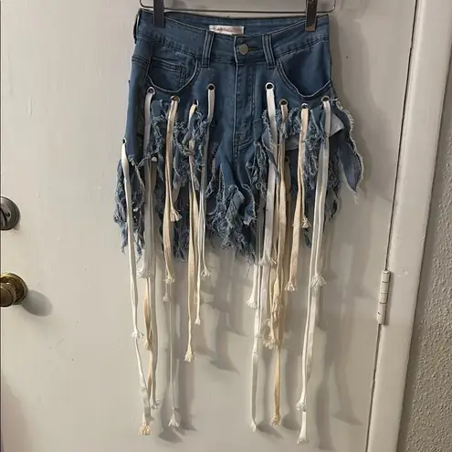Hot & Delicious Denim Fringe Shorty Shorts Jorts S Festival Boho Cowgirl Whimsy