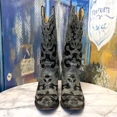 Corral Crater Sequin Inlay Cowboy Boots Snip Toe Western Black Gray 9.5 EUC
