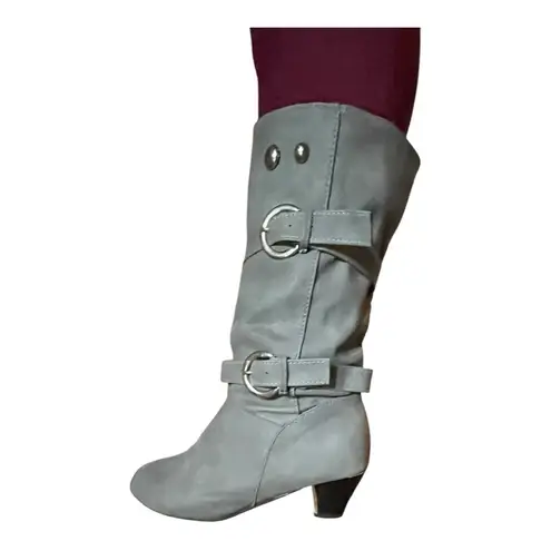 Women Gray Faux Suede Heeled Boots with Slouchy Design and Silver Buckles Size undefined