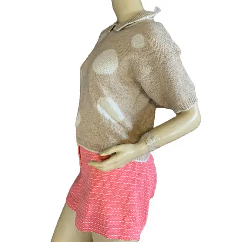 VINTAGE 1980'S ANDENE BEIGE & CREAM POLKADOT SILK BLEND SHORT SLEEVE SWEATER (M) Tan Size M