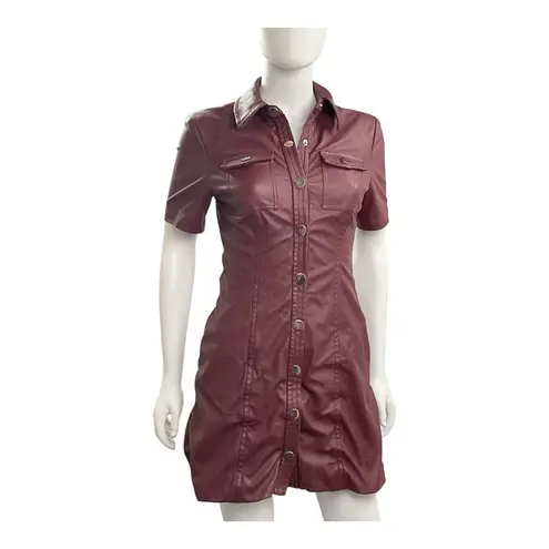 TOCCIN Burgundy Faux Leather Short Sleeve Dress Snap Front Mini Vegan Sz 2 Red
