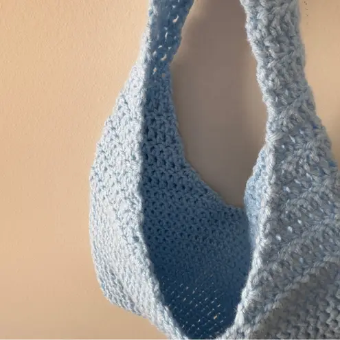 Handmade Crochet Y2K Light Blue Shoulder Bag Solid Knit Cute Lightweight