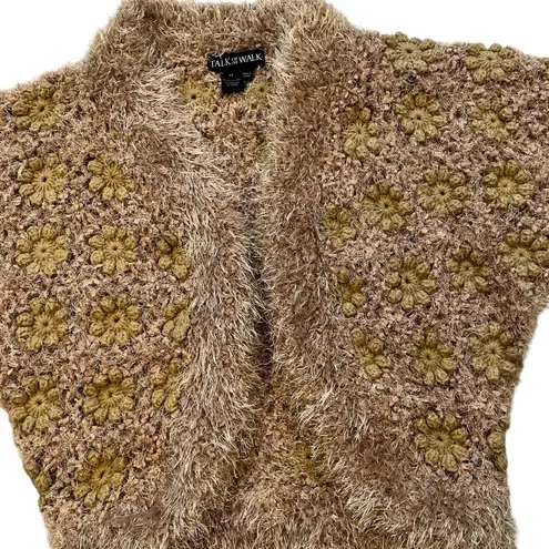 Talk Of The Walk Chunky Knit Crochet Inset Open Front Sweater Cardigan, Sz M Gold Size M