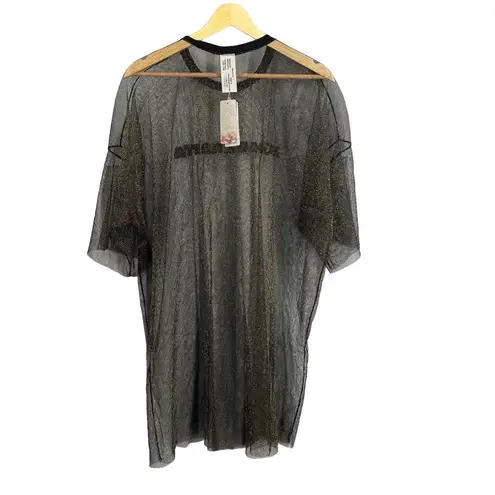 Agua Bendita Top Black Gold Metallic Sheer Mesh Sequin Logo Oversized Large New