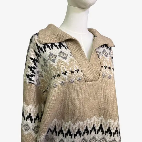RDI Fair Isle Collared Sweater XL Beige Nordic Knit Split Neck NWT Nordstrom - Image 2