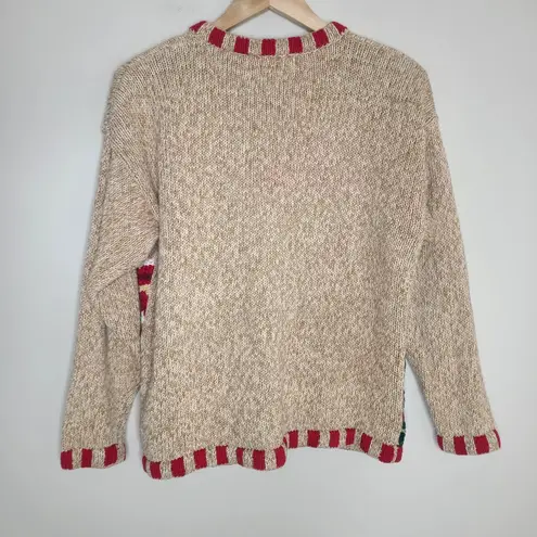 Tiara International Tiara Christmas Sweater Tan Knit Cardigan Snowman Tree Crochet Button Medium Y2K