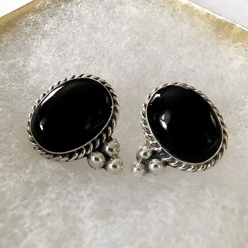 Onyx TAXCO Black Cabochon Sterling Silver Southwest Style Post Back Earrings