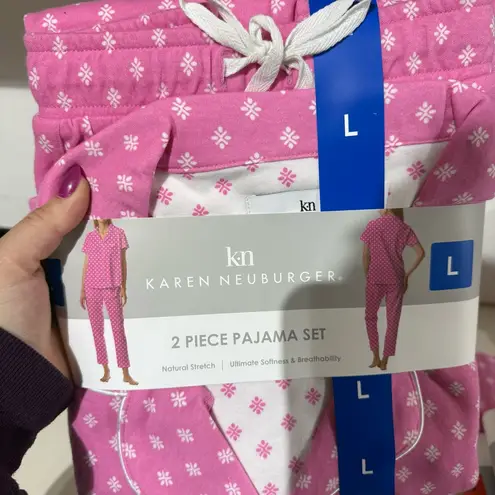 NWT Karen Neuburger Notch Collar 2Piece Slim Leg Pajama Set White Pink Geometric Size M