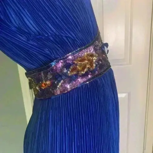 Nuit Vintage 80s Crepe Dress 10 Sequin Wasp Belt Blue Longsleeve Cocktail Formal