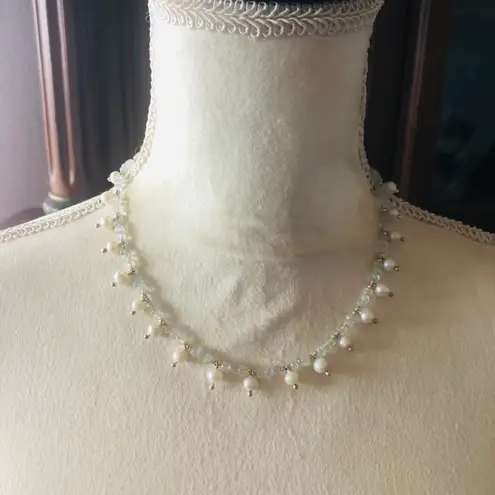 Sterling Silver Handcrafted genuine pearl aquamarine stone toggle clasp necklace