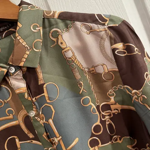 J. McLaughlin Silk Blend Equestrian Print Button Down Blouse Green Brown Small