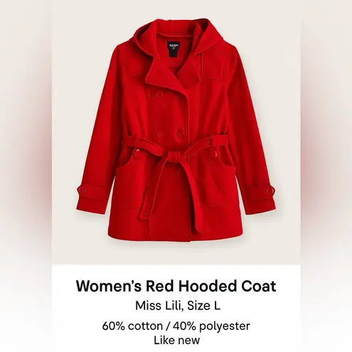 Miss Lili Red Hooded Belted Peacoat Women’s Size Large RN 57685