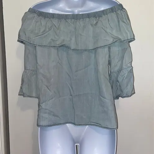 Skies Are Blue Off The Shoulder Chambray Blouse