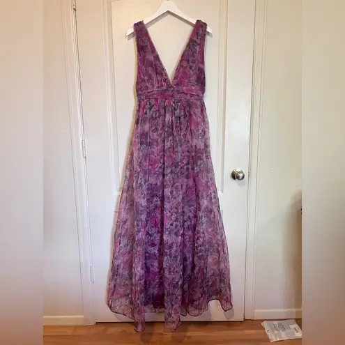 Lulus Garden Romance Magenta Floral Print Organza Maxi Dress Medium Purple