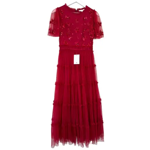 Ivy City Co. Embroidered Tulle Midi Red Floral Beaded Short Sleeve Size XS