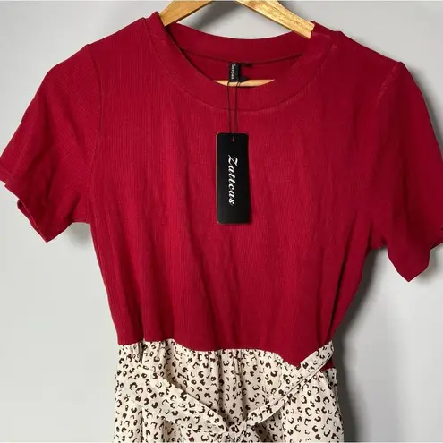 None Red Cream Leopard Print Dress Ribbed Midi Flowy Pocket Spring Church Teacher NWT