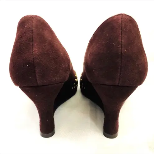 Yellow Box Azalia Brown Suede Studded Wedges, Peep Toe sz. 6