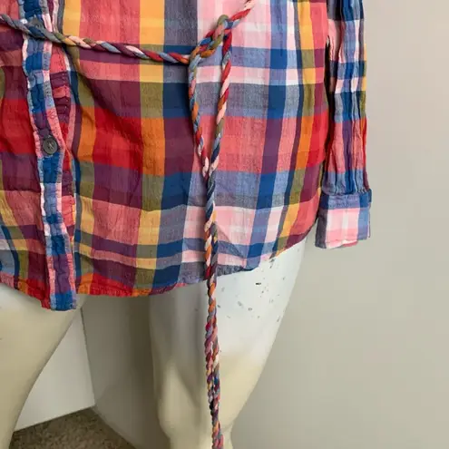 Aerie belted tunic multicolored plaid long sleeve button-up shirt