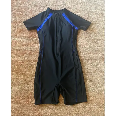 Black Blue Zip Front Short Sleeve Swimsuit Romper One Piece Size S